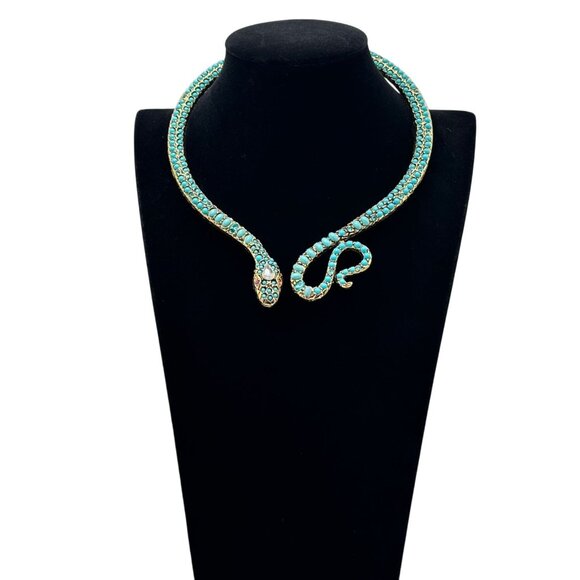 Egyptian Revial Faux Turquoise Rhinestone Gold Snake Collar Statement Necklace - Picture 5 of 5